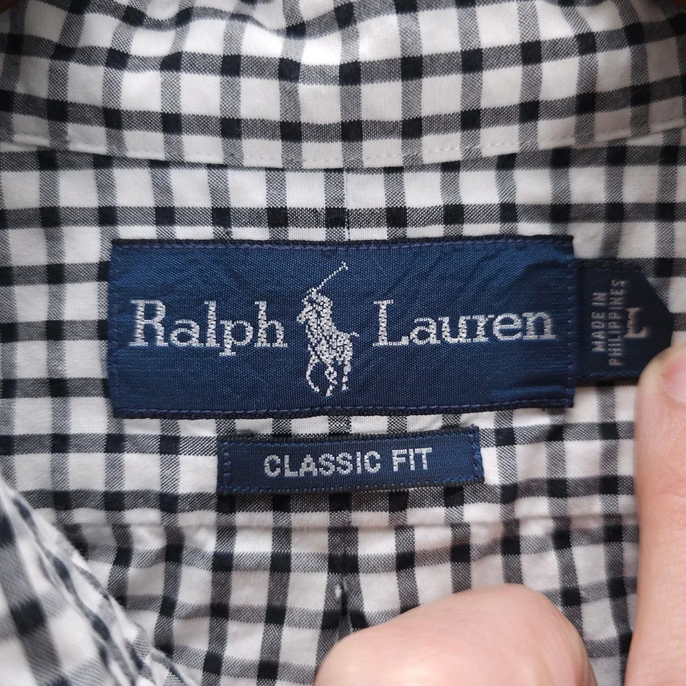 Vintage Polo Ralph Lauren Shirt Mens‎ L Black White Gingham Plaid Short Sleeve